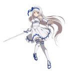  1girl blue_ribbon breasts character_request detached_sleeves dress fingerless_gloves full_body gloves hair_ribbon high_heels holding holding_sword holding_weapon long_hair medium_breasts parted_lips red_eyes ribbon silver_hair simple_background sleeveless sleeveless_dress solo standing sword sword_art_online thigh-highs very_long_hair weapon white_background white_dress white_gloves white_legwear 