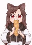  1girl animal_ears baguette bangs blush bread brown_hair dress eating food frilled_sleeves frills imaizumi_kagerou long_hair long_sleeves looking_at_viewer pink_background poronegi red_eyes simple_background solo swept_bangs teeth touhou upper_body very_long_hair white_dress wolf_ears 