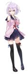  1girl absurdres arm_behind_back black_hair copyright_request full_body highres lavender_hair long_sleeves looking_at_viewer neckerchief open_mouth pleated_skirt red_eyes ribbon-trimmed_legwear ribbon_trim short_hair skirt solo thigh-highs transparent_background 