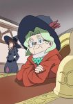  2girls arai_hiroki arms_behind_back bell blonde_hair blue_eyes brown_hair character_request crossed_arms glasses hat highres little_witch_academia looking_at_viewer loose_belt multiple_girls robe smile witch witch_hat 