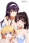  3girls absurdres black_hair black_ribbon blonde_hair blue_eyes breasts brown_eyes brown_hair cleavage closed_eyes collarbone hair_between_eyes hair_ribbon hairband hand_on_another&#039;s_shoulder highres kasumigaoka_utaha katou_megumi large_breasts long_hair looking_at_viewer medium_breasts megami multiple_girls naked_towel official_art okuda_yoshiko ponytail red_eyes ribbon saenai_heroine_no_sodatekata sawamura_spencer_eriri simple_background smile towel twintails white_background white_hairband white_towel 