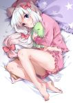  1girl barefoot blue_eyes bow dated eromanga_sensei feet hair_bow highres izumi_sagiri legs long_hair looking_at_viewer lying on_side pajamas pillow pink_bow sharmi1010 signature solo star stuffed_animal stuffed_octopus stuffed_toy white_hair 