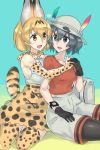  2girls animal_ears backpack bag black_gloves black_hair bow bowtie bucket_hat cross-laced_clothes elbow_gloves evuoaniramu gloves hair_between_eyes hat hat_feather high-waist_skirt kaban_(kemono_friends) kemono_friends multiple_girls red_shirt serval_(kemono_friends) serval_ears serval_print serval_tail shirt short_hair shorts skirt sleeveless sleeveless_shirt striped_tail tail wavy_hair 