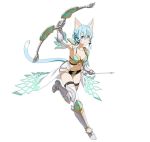  1girl animal_ears arm_up armor armored_boots arrow bikini_armor black_ribbon blue_eyes blue_hair boots bow_(weapon) breasts cat_ears cat_tail cleavage detached_sleeves full_body gauntlets hair_between_eyes hair_ribbon holding holding_weapon knee_boots medium_breasts midriff navel one_leg_raised ribbon shinon_(sao-alo) short_hair_with_long_locks sidelocks simple_background solo spaulders stomach sword_art_online tail thigh-highs thigh_strap weapon white_background white_legwear 