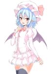  1girl :d bat_wings black_legwear blue_hair blush bow bowtie breasts cowboy_shot fang frilled_shirt frills hair_between_eyes hat hat_bow juliet_sleeves junior27016 lace lace-trimmed_thighhighs layered_skirt long_sleeves looking_at_viewer mob_cap open_mouth pink_shirt pink_skirt pointy_ears puffy_sleeves red_bow red_bowtie red_eyes remilia_scarlet shirt short_hair skirt small_breasts smile solo thigh-highs touhou unfinished wings 