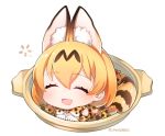  1girl ^_^ animal_ears animal_print bare_shoulders blush bow bowtie bucket chibi clenched_hands closed_eyes dot_nose elbow_gloves eyebrows_visible_through_hair eyelashes facing_viewer full_body gloves hair_between_eyes in_bucket in_container kemono_friends minigirl ng_(kimjae737) open_mouth orange_hair print_gloves serval_(kemono_friends) serval_ears serval_print serval_tail shirt short_hair sleeveless sleeveless_shirt smile solo striped_tail tail twitter_username white_shirt |d 