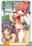  &gt;_&lt; 2girls :d absurdres all_fours animal_ears bear_ears bear_tail bikini black_hair blush breasts brown_eyes cleavage closed_eyes collarbone covered_navel dark_skin eyebrows_visible_through_hair fang forest grey_bikini groin hair_ribbon high_ponytail highres large_breasts long_hair looking_at_viewer multiple_girls nature navel open_mouth original outdoors red_bikini red_ribbon redhead ribbon side-tie_bikini sideboob sitting sitting_on_person smile swimsuit tail tateha_(marvelous_grace) tree 