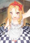 1girl :d apron arm_up bare_arms bare_shoulders blonde_hair blurry blush bow checkered checkered_floor collarbone depth_of_field desk_lamp drill_locks eromanga_sensei eyebrows_visible_through_hair fisheye frilled_apron frills goruva groin hair_bow hairband highres holding indoors ladle lamp long_hair looking_at_viewer naked_apron open_mouth perspective pov red_bow red_eyes red_hairband slippers smile solo stairs standing white_apron yamada_elf 