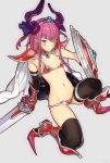  1girl armor armored_boots bikini_armor blue_eyes boots elbow_gloves fate_(series) gloves gluteal_fold horns pink_hair rururara shield solo spaulders sword tail thigh-highs weapon 