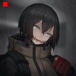  1girl absurdres black_hair blue_eyes gloves highres jacket kasagarasu looking_at_viewer original scar short_hair solo stitched_mouth stitches tears upper_body 