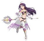 1girl ahoge armor armored_boots bikini_armor boots breasts collarbone detached_sleeves floating_hair full_body gauntlets hairband knee_boots long_hair looking_at_viewer midriff navel one_leg_raised pointy_ears purple_hair red_eyes red_hairband simple_background small_breasts smile solo spaulders staff standing stomach sword_art_online thigh-highs thigh_strap very_long_hair white_background white_legwear yuuki_(sao) 