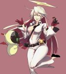  1girl belt between_breasts black_gloves bodysuit breasts candy center_opening chocolate cleavage closed_eyes folded_leg food gloves guilty_gear guilty_gear_xrd halo highres jack-o_(guilty_gear) lollipop long_hair medium_breasts minion_(guilty_gear) multicolored_hair open_mouth rdc7229 red_gloves redhead smile solo two-tone_hair very_long_hair white_hair 