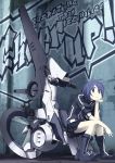  1girl ahoge blue blue_eyes blue_hair boots chin_rest full_body graffiti highres hover_bike knees_together_feet_apart looking_at_viewer original science_fiction short_hair short_sleeves sitting skirt solo tsukuba_masahiro v 