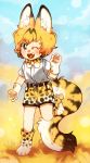  1boy absurdres animal_ears blue_sky bow bowtie fang full_body genderswap genderswap_(ftm) gloves grass hatomura_miri highres kemono_friends male_focus one_eye_closed paw_gloves paw_shoes paws serval_(kemono_friends) serval_ears serval_print serval_tail shoes short_hair shorts signature sky smile solo standing standing_on_one_leg tail wavy_hair yellow_eyes 