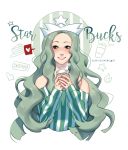  1girl coffee copyright_name cropped_torso crown detached_sleeves green_hair heart highres long_hair ozumii personification shirt simple_background smile spoken_heart starbucks starbucks_siren striped striped_shirt very_long_hair white_background 