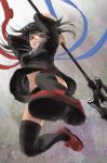  1girl arms_up asymmetrical_wings black_dress black_hair black_legwear clenched_teeth dress fangs foreshortening from_below gengoroumaru_(ambidextrous) highres holding holding_weapon houjuu_nue incoming_attack looking_at_viewer looking_down polearm red_eyes red_shoes shoes short_dress short_sleeves snake solo teeth thigh-highs touhou trident weapon wind wind_lift wings 