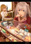  2girls absurdres aqua_eyes aqua_skirt blonde_hair blue_eyes blurry blush cake character_request depth_of_field eating fate_(series) food formal from_above fruit hair_between_eyes highres indoors jacket long_hair looking_at_viewer multiple_girls pastry perspective plate red_jacket sidelocks silver_hair sitting skirt skirt_set smile strawberry sweater white_sweater window yatsuka_(846) 
