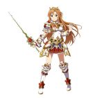 1girl armor armored_boots asuna_(sao) belt boots brown_eyes brown_hair crown detached_sleeves floating_hair full_body holding holding_sword holding_weapon knee_boots long_hair looking_at_viewer miniskirt pleated_skirt red_flower red_skirt short_sleeves simple_background skirt smile solo spaulders standing sword sword_art_online very_long_hair weapon white_background 