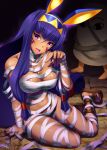  1girl absurdres animal_ears bandage blue_hair dark_skin emanon123 eyebrows_visible_through_hair facial_mark fate/grand_order fate_(series) hairband highres long_hair medjed naked_bandage nitocris_(fate/grand_order) open_mouth sandals sidelocks very_long_hair violet_eyes 