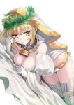  1girl :&lt; ahoge blonde_hair breasts chains cleavage detached_collar detached_sleeves elbow_gloves eyebrows_visible_through_hair fate/extra fate/extra_ccc fate_(series) gloves green_hair head_wreath large_breasts lock lying meto31 saber_bride saber_extra solo thigh-highs veil white_gloves white_legwear 