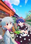  2girls :3 architecture black_skirt blue_eyes blue_hair blue_sky braid brochure bush cherry_blossoms clouds collared_dress day doremy_sweet dress east_asian_architecture eating fence grey_jacket ground_vehicle hair_between_eyes hat hedge_(plant) highres kishin_sagume long_sleeves looking_at_viewer looking_back multiple_girls nightcap outdoors pavement petals pom_pom_(clothes) purple_dress red_eyes red_hat senbei short_hair short_sleeves signpost silver_hair single_wing sisikuku skirt sky stairs statue tareme torii touhou train wings 