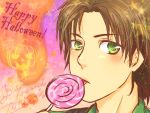  ! 1boy blush brown_hair candy carlos_oliveira copyright_name food green_eyes happy_halloween heart mad_packer male_focus portrait pumpkin resident_evil resident_evil_3 star tongue tongue_out 