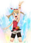  1girl :d armpits arms_up bag bare_shoulders bikini_top blue_eyes blush breasts hairband haruka_(pokemon) haruka_(pokemon)_(remake) highres light_brown_hair looking_at_viewer open_mouth pokemon pokemon_(game) pokemon_oras short_hair shorts simple_background small_breasts smile solo tank_top teeth white_background 