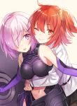  2girls :o ;) bare_shoulders belt black_gloves breasts closed_mouth elbow_gloves fate/grand_order fate_(series) female female_protagonist_(fate/grand_order) fujimaru_ritsuka_(female) gloves hair_between_eyes hair_over_one_eye hair_scrunchie highres hug large_breasts lavender_hair long_sleeves looking_at_another looking_at_viewer multicolored multicolored_gloves multiple_girls navel navel_cutout one_eye_closed open_mouth orange_eyes orange_hair purple_gloves scrunchie shield shielder_(fate/grand_order) shiny shiny_hair short_hair sideboob simple_background sleeveless smile two-tone_gloves uniform violet_eyes white_background white_uniform wink yellow_scrunchie yuzuki_karu 