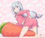  1girl all_fours ass barefoot blue_eyes carrot eromanga_sensei from_behind hand_on_own_ass izumi_sagiri long_hair looking_back midriff pajamas pink_shirt pink_shorts shirt shorts silver_hair solo stuffed_toy teina 