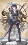  1girl alice_(sinoalice) black_dress black_hair black_shoes brown_eyes chains checkered checkered_floor dress full_body gears hairband highres idco looking_at_viewer open_mouth pocket_watch purple_legwear shoes short_hair sinoalice solo standing sword thigh-highs watch weapon 