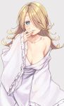  1girl bare_shoulders blonde_hair blue_eyes blush breasts cleavage collarbone grey_background hair_over_one_eye half-closed_eyes hand_up irimo-m kaiketsu!_obake_capriccio!! large_breasts leaning_forward light_smile long_hair looking_at_viewer parted_lips robe simple_background solo 