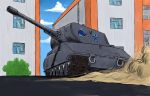  10s artist_request building clouds e-100 emblem girls_und_panzer ground_vehicle military military_vehicle motor_vehicle no_humans ooarai_(emblem) original sky tank tree window 