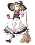  1girl ;) apron bamboo_broom black_dress blush bow broom brown_shoes dress floral_print frilled_dress frills full_body gloves grin hasebe_yuusaku hat hat_bow kirisame_marisa long_sleeves looking_at_viewer mini-hakkero one_eye_closed red_gloves red_scarf scarf shoes smile socks solo touhou waist_apron white_bow white_legwear witch_hat 