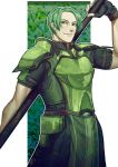  1boy armor breastplate commentary_request eyebrows fingerless_gloves fire_emblem fire_emblem_echoes:_mou_hitori_no_eiyuuou force_(fire_emblem) gloves green_armor green_eyes green_hair hair_over_one_eye highres holding holding_weapon short_sleeves shoulder_armor simple_background smile solo tabard uguisu_(ryu) upper_body weapon 