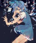 1girl black_background blue_eyes blue_hair bow bubble christmas_lights cirno crying dress eyelashes hair_bow hand_on_own_face highres ice ice_wings letter lights looking_down neck_ribbon outstretched_arm ribbon sad shirt short_hair sketch snowflakes solo tears tian_(my_dear) torn_clothes torn_dress torn_shirt torn_sleeves touhou wings 