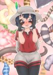  1girl @_@ absurdres backpack bag bird_tail black_gloves black_hair black_legwear blush bucket_hat cowboy_shot drooling gloves hair_between_eyes hands_on_own_face hands_up hat hat_feather highres kaban_(kemono_friends) kemono_friends legwear_under_shorts open_mouth peeking_through_fingers red_shirt shirt short_sleeves shorts smile solo_focus striped_tail tail wavy_mouth zombiuk 