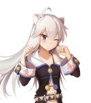  1girl ;) ahoge animal_ears belt cat_ears highres long_hair looking_at_viewer off_shoulder one_eye_closed paw_pose smile solo upper_body violet_eyes white_background white_hair xie_wang zero_(zero_kara_hajimeru_mahou_no_sho) zero_kara_hajimeru_mahou_no_sho 