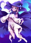  1girl :&lt; barefoot blonde_hair blue_eyes bow cape hair_bow hat highres long_hair long_sleeves looking_at_viewer solo thighs tokyo_(great_akuta) twintails witch_hat 