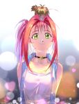  1girl arms_behind_back choker collarbone green_eyes guvava_(macross) heart holy_pumpkin macross macross_7 mylene_jenius pink_hair smile twitter_username upper_body vest 