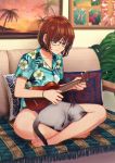  1girl full_body hawaiian_shirt highres indian_style indoors instrument music nashigaya_koyomi playing_instrument shirt short_sleeves sitting solo ukulele 