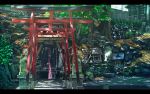  commentary dappled_sunlight kitsune kusakabe_(kusakabeworks) lantern leaf letterboxed no_humans original real_world_location rock scenery shrine statue sunlight tokyo_(city) torii tree 