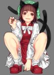  1girl :3 animal_ears bangs blunt_bangs blush bow bowtie brown_eyes brown_hair brown_nails cat_ears cat_tail chen dress fingernails full_body gengoroumaru_(ambidextrous) hat long_fingernails long_sleeves looking_at_viewer mob_cap multiple_tails parted_lips red_dress red_shoes shoes short_hair socks solo squatting tail touhou twitter_username two_tails white_bow white_bowtie white_legwear 