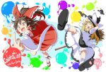  2girls :d :o apron black_hat black_shoes black_skirt black_vest blonde_hair bow braid broom brown_hair commentary_request detached_sleeves fingernails frilled_apron frilled_bow frilled_legwear frilled_skirt frills hair_between_eyes hair_bow hair_ribbon hair_tubes hakurei_reimu half_updo hand_on_headwear hat hat_bow inuno_rakugaki kirisame_marisa multiple_girls open_mouth outstretched_arm paint_splatter puffy_short_sleeves puffy_sleeves red_bow red_eyes red_skirt ribbon ribbon-trimmed_sleeves ribbon_trim sandals shoe_soles shoes short_sleeves side_braid sidelocks skirt smile socks touhou tress_ribbon vest waist_apron white_apron white_bow white_legwear wide_sleeves witch_hat yellow_eyes 