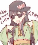  1girl black_hair chains commentary gold_chain hair_ornament hairclip idolmaster idolmaster_cinderella_girls jewelry kobayakawa_sae kvlen microphone open_mouth ring sideways_hat smile solo sunglasses upper_body wide_sleeves 