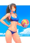  1girl alternate_costume alternate_hairstyle armpits bangs bare_arms bare_shoulders beach_volleyball bikini black_hair blue_bikini breasts cleavage clouds collarbone cowboy_shot day from_side groin hairband hand_on_hip highres kantai_collection long_hair medium_breasts navel ooyodo_(kantai_collection) outdoors parted_lips ponytail solo sports_bikini stomach swimsuit visor white_hairband yuuji_(and) 
