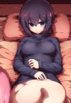  1girl blue_eyes blush breasts highres hips looking_at_viewer lying medium_breasts on_back pillow purple_hair short_hair solo thighs tokyo_(great_akuta) wide_hips 