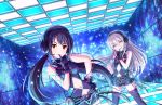  2girls ahoge artist_request bangs bare_shoulders black_hair boots braid brown_eyes grey_eyes grin hand_on_hip headphones hoshi_shouko idolmaster idolmaster_cinderella_girls idolmaster_cinderella_girls_starlight_stage long_hair multiple_girls nakano_yuka navel neon_lights official_art shorts silver_hair single_braid smile tattoo thigh-highs thigh_boots twintails 