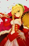  1girl ahoge armor bangs blonde_hair braid breasts cleavage dress eyebrows_visible_through_hair eyes_visible_through_hair fate/extra fate_(series) floral_background flower green_eyes hair_bun hair_intakes hand_on_hip highres holding holding_sword holding_weapon long_sleeves looking_at_viewer medium_breasts over_shoulder petals red_dress red_rose rose saber_extra short_hair sidelocks smile solo sword sword_over_shoulder weapon weapon_over_shoulder wreath wu_(4401153) 