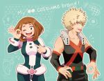  !! 1boy 1girl :p ;d bakugou_katsuki bare_shoulders belt blonde_hair blush bodysuit boku_no_hero_academia breasts brown_eyes brown_hair commentary_request detached_sleeves english explosive grenade heart jyori looking_at_viewer medium_breasts one_eye_closed open_mouth red_eyes round_teeth sharp_teeth short_hair smile spiky_hair tank_top teeth text thought_bubble tongue tongue_out uraraka_ochako utility_belt 