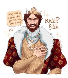  1boy absurdres beard brown_hair burger_king crown facial_hair highres jewelry male_focus mustache necklace ozumii ring solo the_king 